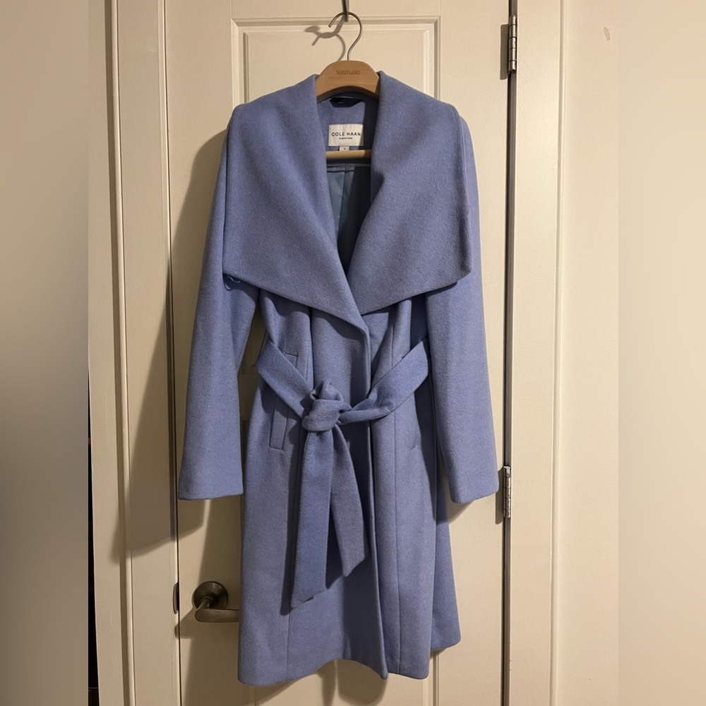 Cole Haan Women's Slick Wool Wrap Coat Ice Blue Size 6 worn once